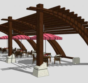 木质景区条形廊架SU模型下载_sketchup草图大师SKP模型