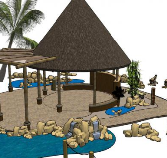 东南亚亭子和路基小景SU模型下载_sketchup草图大师SKP模型