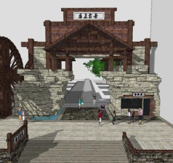 景区大门水轮车门头SU模型下载_sketchup草图大师SKP模型