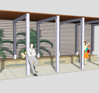 中式景区木质条形廊架SU模型下载_sketchup草图大师SKP模型