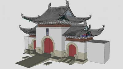 归元寺庙大门古建SU模型下载_sketchup草图大师SKP模型