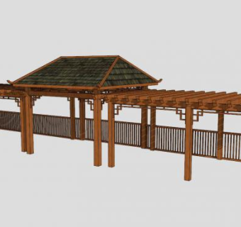 中式木质条形廊架廊道SU模型下载_sketchup草图大师SKP模型