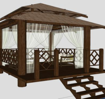 东南亚风格亭子凉亭木结构SU模型下载_sketchup草图大师SKP模型