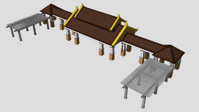 中式古建木质条形廊架SU模型下载_sketchup草图大师SKP模型