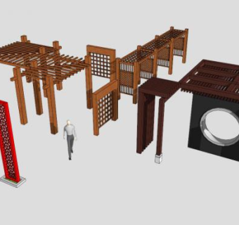江南风格木质条形廊架SU模型下载_sketchup草图大师SKP模型