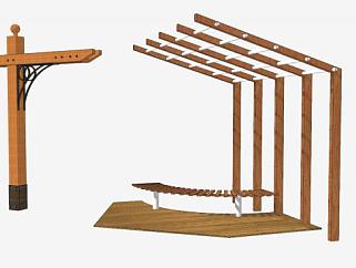 木质廊架设计SU模型下载_sketchup草图大师SKP模型