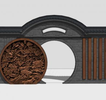 中式月洞门景观墙带浮雕SU模型下载_sketchup草图大师SKP模型