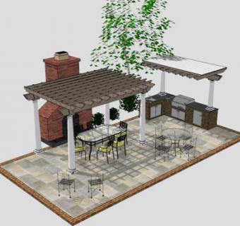 户外园区木结构条形廊架SU模型下载_sketchup草图大师SKP模型