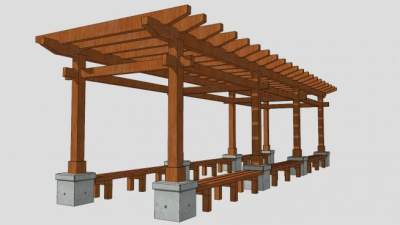 户外木结构廊架SU模型下载_sketchup草图大师SKP模型