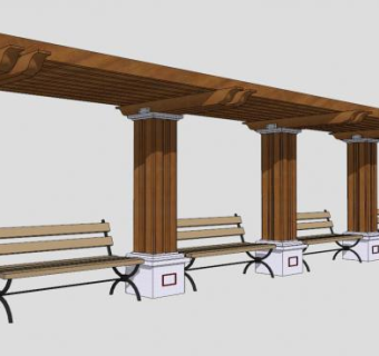 木质条形廊架和公园椅SU模型下载_sketchup草图大师SKP模型