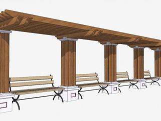 木质条形廊架和公园椅SU模型下载_sketchup草图大师SKP模型