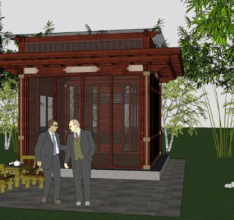 中式亭子和竹制桌凳SU模型下载_sketchup草图大师SKP模型