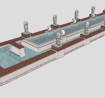 现代中式喷水水池SU模型下载_sketchup草图大师SKP模型