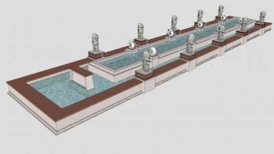 现代中式喷水水池SU模型下载_sketchup草图大师SKP模型