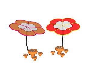 小花和蘑菇小品雕塑SU模型下载_sketchup草图大师SKP模型