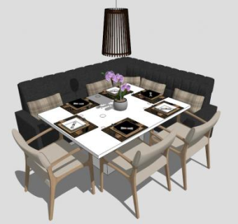 现代简约布艺餐厅卡座SU模型下载_sketchup草图大师SKP模型