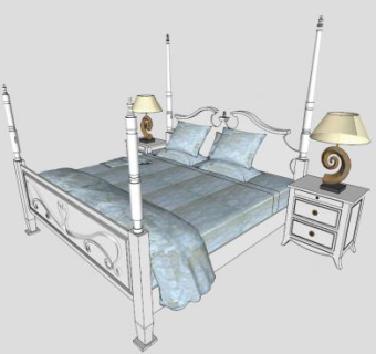 地中海风格淡蓝色四柱床SU模型下载_sketchup草图大师SKP模型