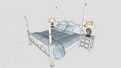 地中海风格淡蓝色四柱床SU模型下载_sketchup草图大师SKP模型