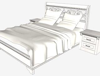 地中海风格白色双人床和一对床头柜SU模型下载_sketchup草图大师SKP模型