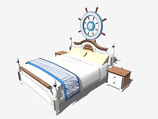 地中海蓝色木质双人床和床头柜SU模型下载_sketchup草图大师SKP模型