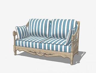 地中海风格蓝色条纹双人沙发SU模型下载_sketchup草图大师SKP模型