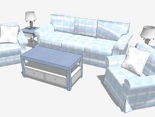 地中海风格淡蓝色网格淡雅组合沙发SU模型下载_sketchup草图大师SKP模型