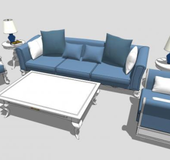 蓝色古典地中海风格组合沙发SU模型下载_sketchup草图大师SKP模型