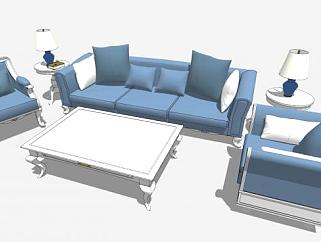 蓝色古典地中海风格组合沙发SU模型下载_sketchup草图大师SKP模型