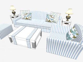 淡蓝色条纹地中海风格布艺组合沙发SU模型下载_sketchup草图大师SKP模型