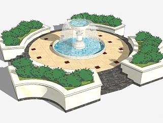 花坛和喷泉水池SU模型下载_sketchup草图大师SKP模型