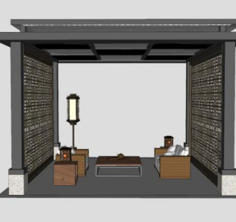 中式景观亭子和落地灯沙发SU模型下载_sketchup草图大师SKP模型