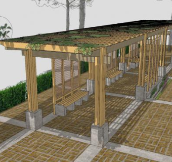 精美木质防腐木的廊架座椅SU模型下载_sketchup草图大师SKP模型