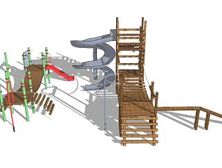 木头麻绳吊桥儿童游乐设施的SU模型下载_sketchup草图大师SKP模型