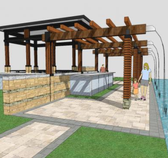 防腐木流水水景廊架SU模型下载_sketchup草图大师SKP模型