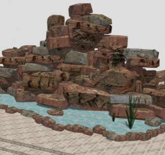 落水岩石假山水景地SU模型下载_sketchup草图大师SKP模型