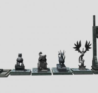 中式古代神兽雕塑门楼石碑SU模型下载_sketchup草图大师SKP模型