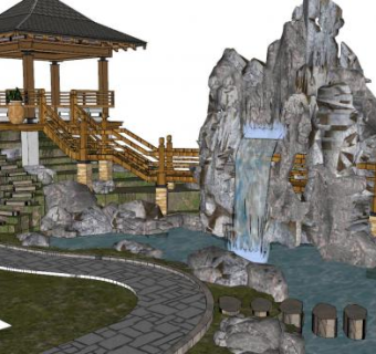 园林景观假山流水亭子SU模型下载_sketchup草图大师SKP模型