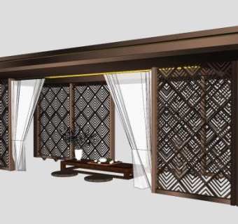中式木制帐纱廊架SU模型下载_sketchup草图大师SKP模型