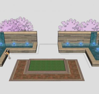 木制景观花坛座椅流水喷泉SU模型下载_sketchup草图大师SKP模型