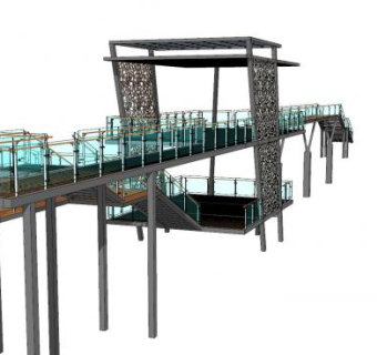 木质玻璃木栈道栈桥SU模型下载_sketchup草图大师SKP模型
