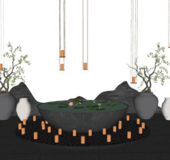 荷花小水池禅意小品SU模型下载_sketchup草图大师SKP模型