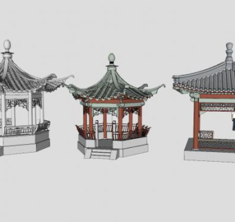 三个凉亭亭子SU模型下载_sketchup草图大师SKP模型