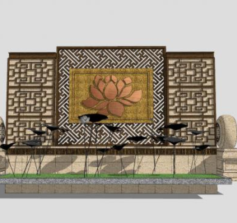 新中式景墙莲花荷叶景观SU模型下载_sketchup草图大师SKP模型