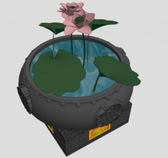 中式水缸荷花小品SU模型下载_sketchup草图大师SKP模型