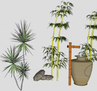 竹筒水缸石块竹子SU模型下载_sketchup草图大师SKP模型