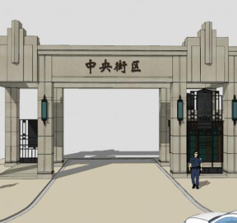 欧式小区岗亭入口大门SU模型下载_sketchup草图大师SKP模型