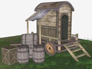 古老的房车木屋木酒桶及木箱子SU模型下载_sketchup草图大师SKP模型