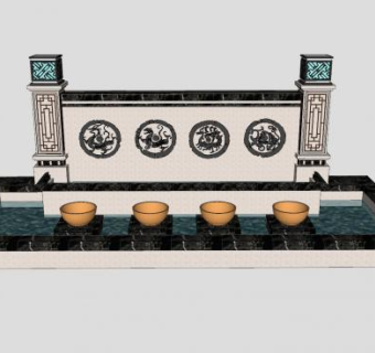 中式跌水景观小品SU模型下载_sketchup草图大师SKP模型