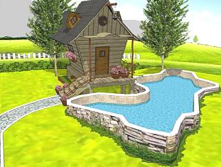 创意小木屋和泳池SU模型下载_sketchup草图大师SKP模型