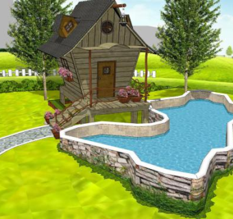 创意小木屋和泳池SU模型下载_sketchup草图大师SKP模型